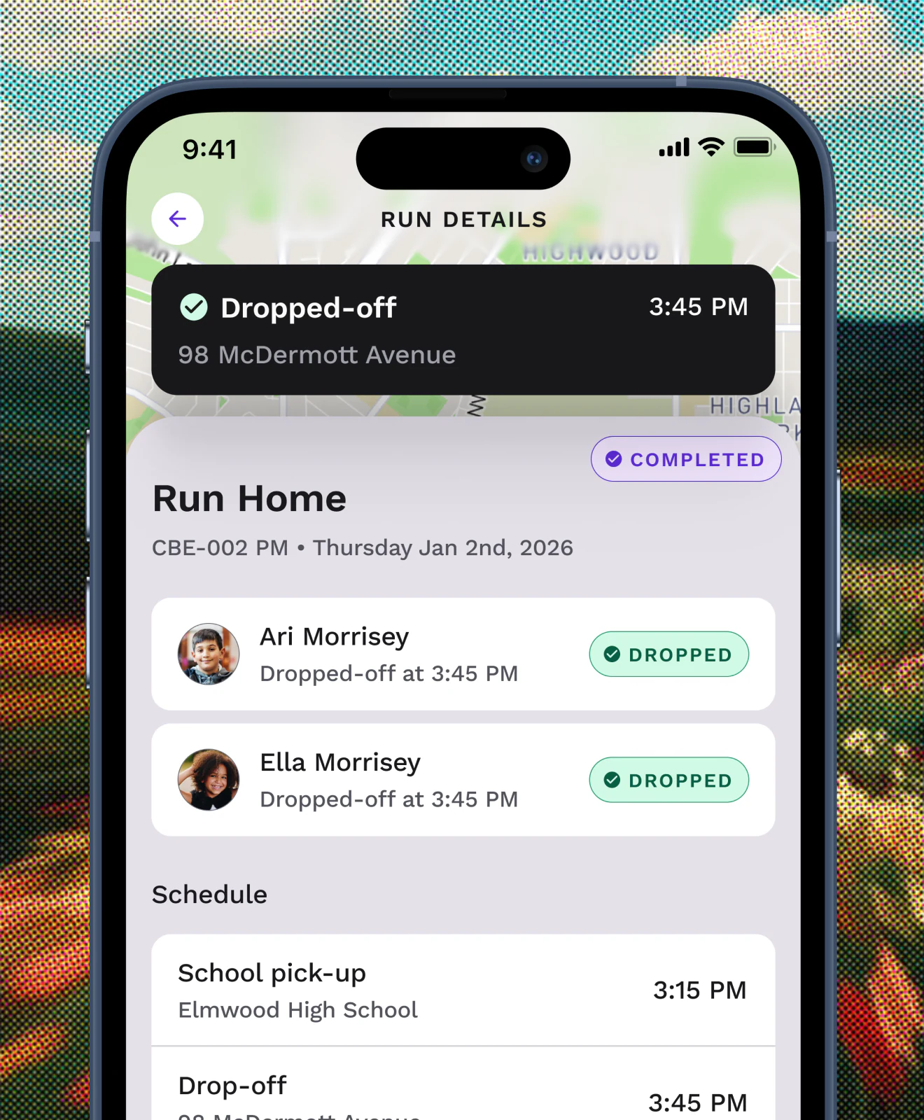 Veza transportation app showing a school bus run